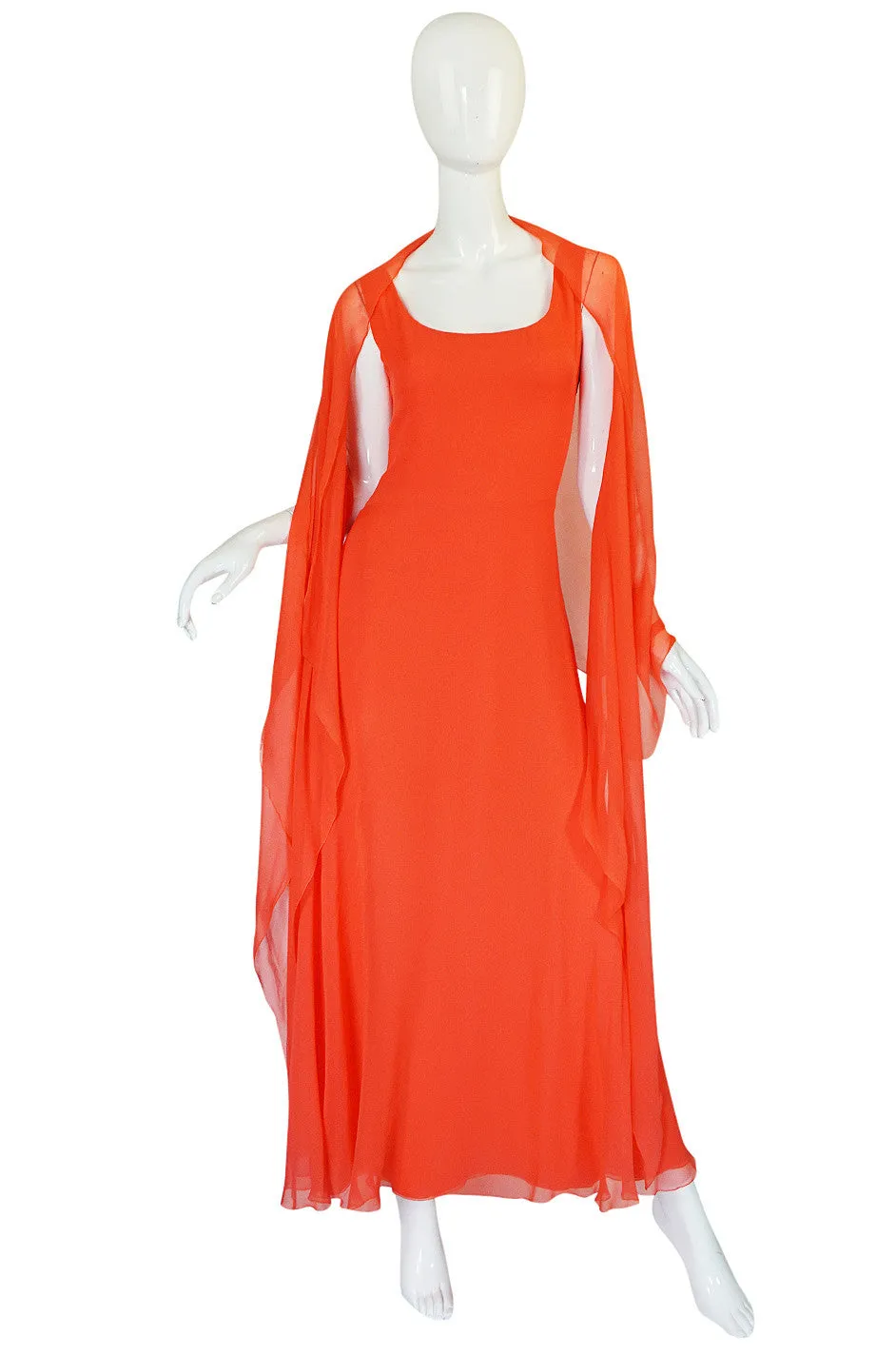 Rare 1970s Coral Silk Chiffon Stavropoulos Dress & Capelet