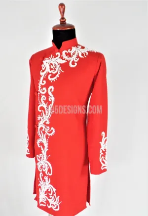 Red Ao Dai Men -  Áo Dài Đỏ Nam Kết Cườm Vải Co Giản Nhẹ