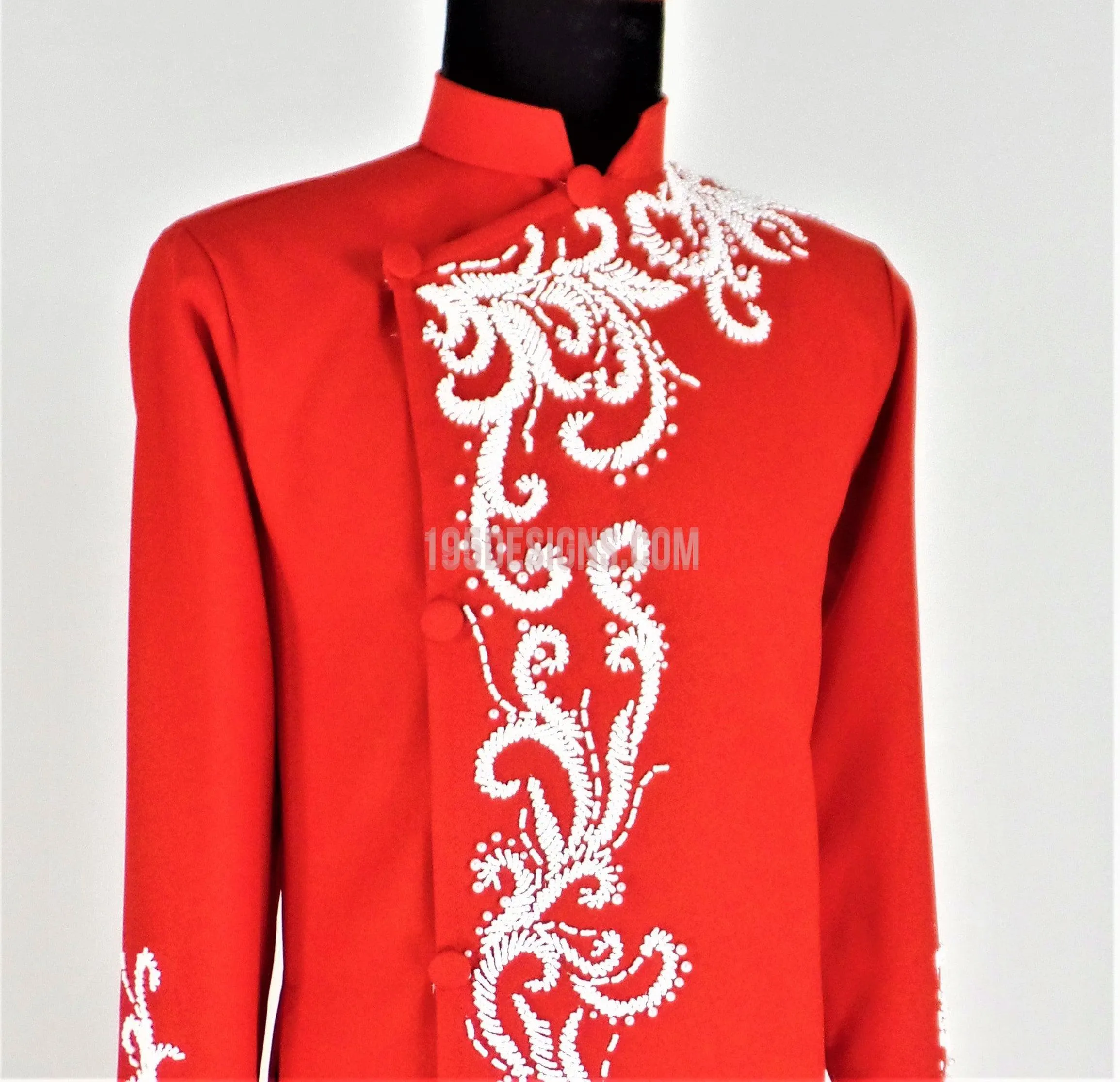 Red Ao Dai Men -  Áo Dài Đỏ Nam Kết Cườm Vải Co Giản Nhẹ