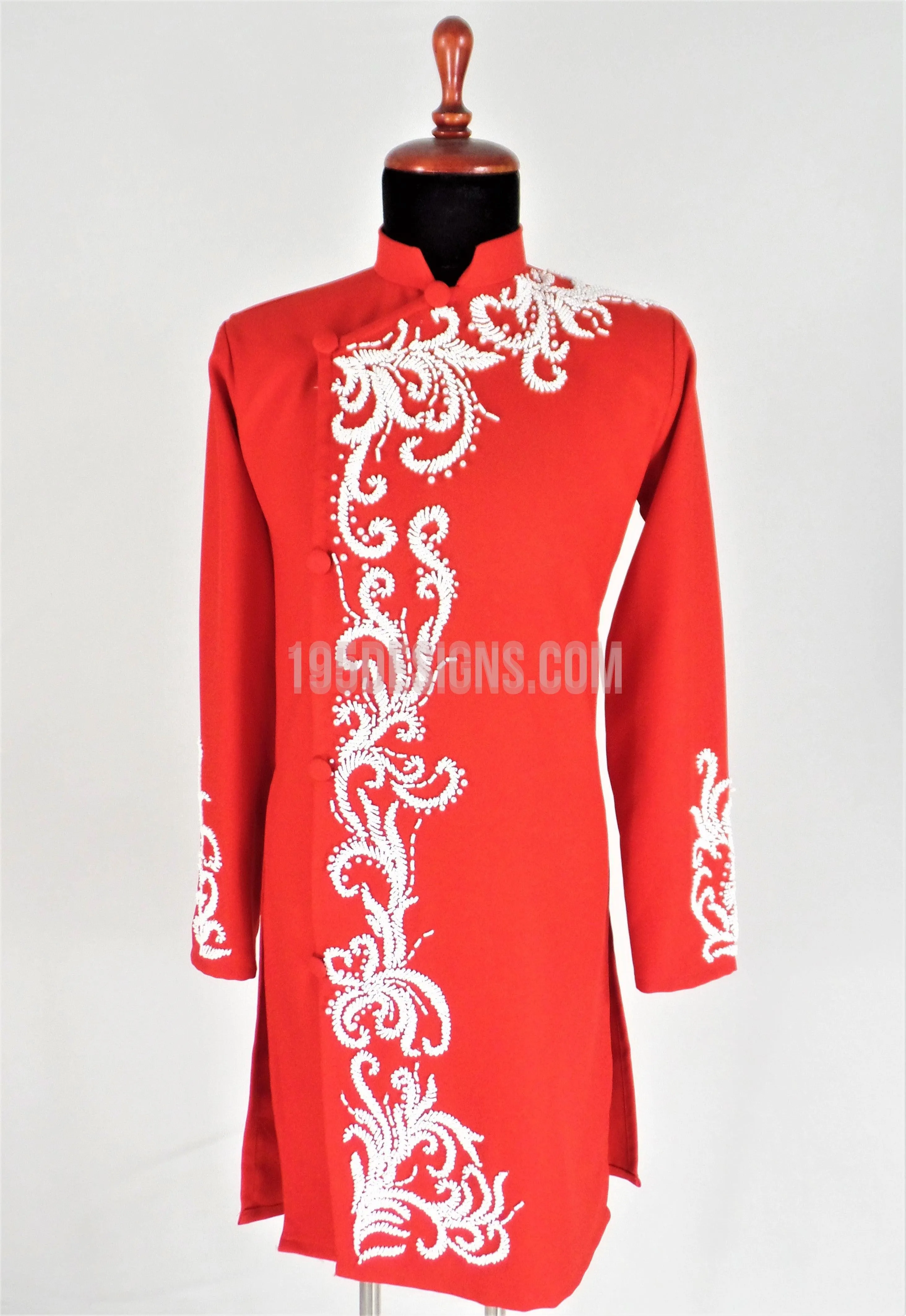 Red Ao Dai Men -  Áo Dài Đỏ Nam Kết Cườm Vải Co Giản Nhẹ