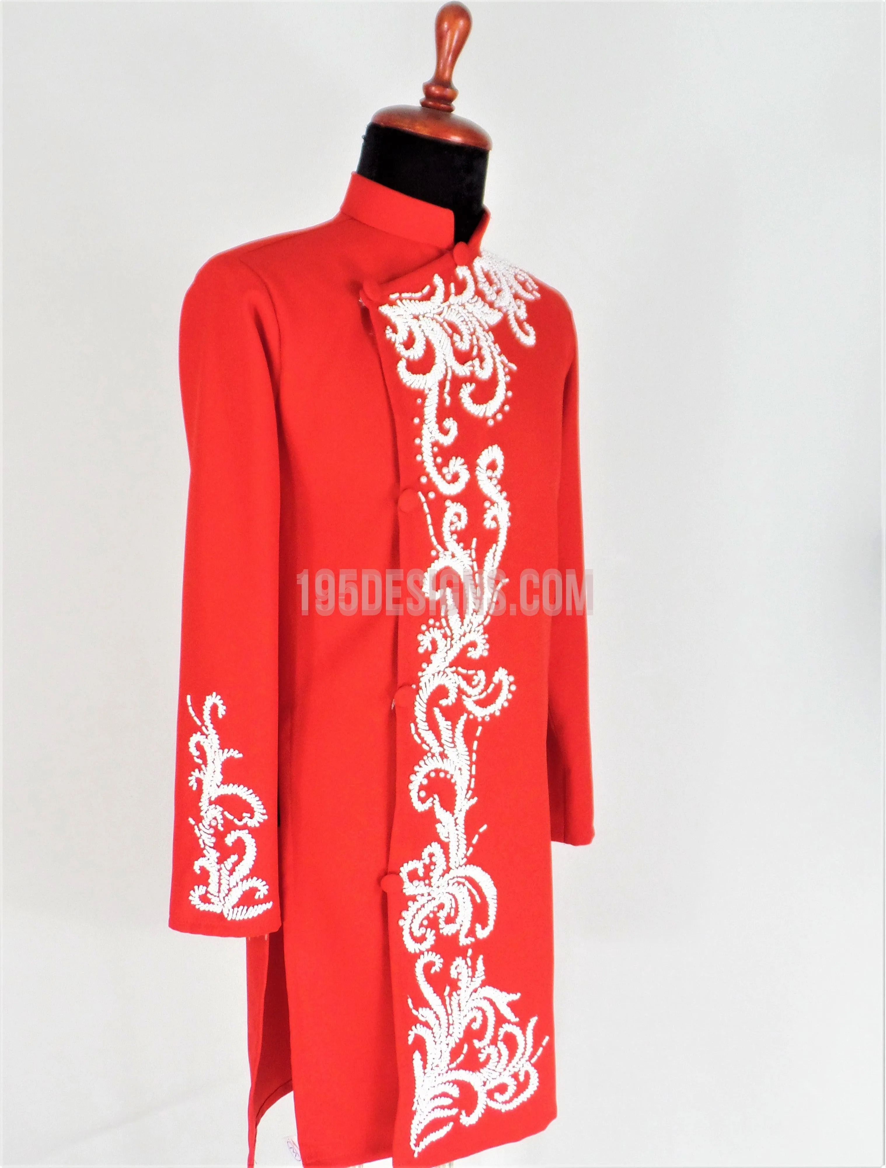 Red Ao Dai Men -  Áo Dài Đỏ Nam Kết Cườm Vải Co Giản Nhẹ