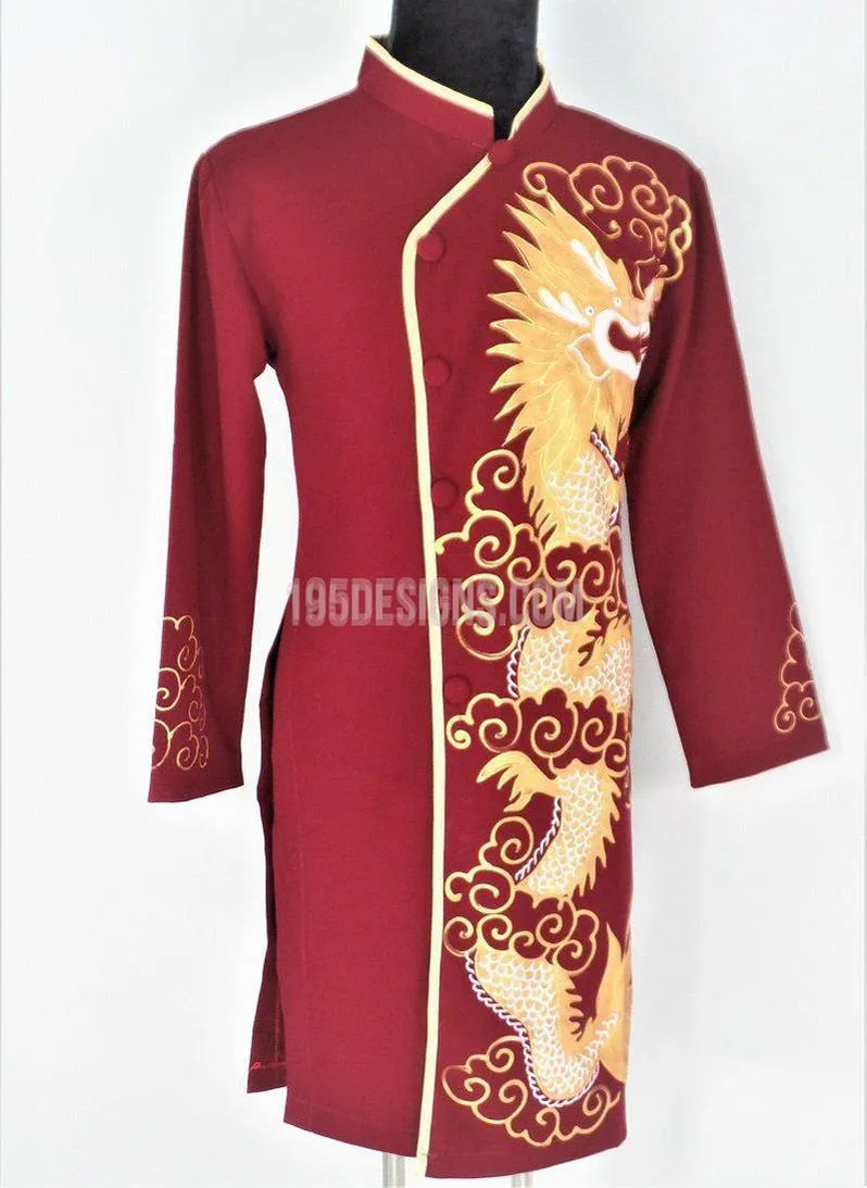Red Ao Dai Men -  Áo Dài Đỏ Nam Vẽ Rồng Vải Co Giản Nhẹ
