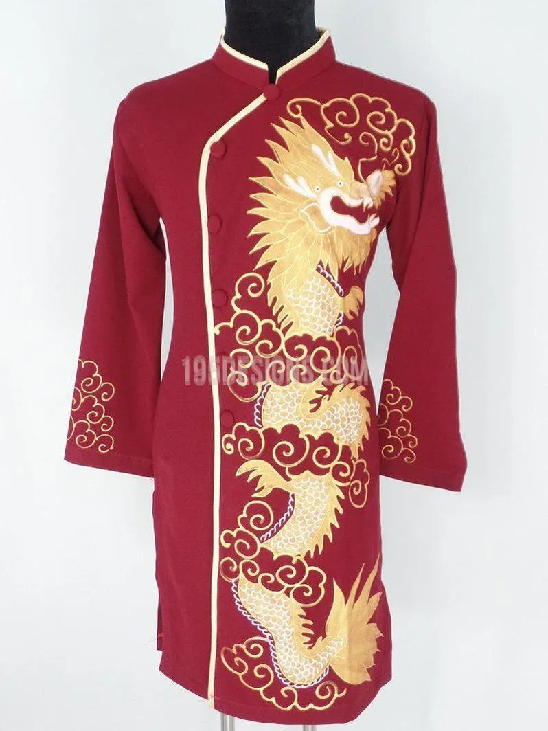 Red Ao Dai Men -  Áo Dài Đỏ Nam Vẽ Rồng Vải Co Giản Nhẹ