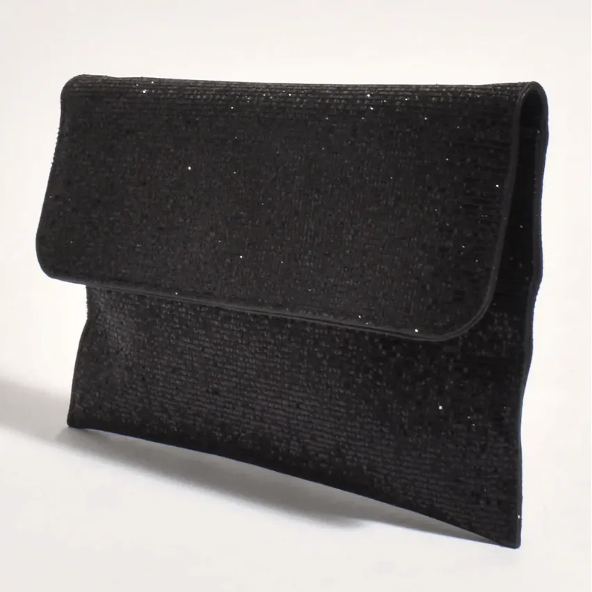 Ruby Rhinestone Fold Over Clutch - Black - AD11