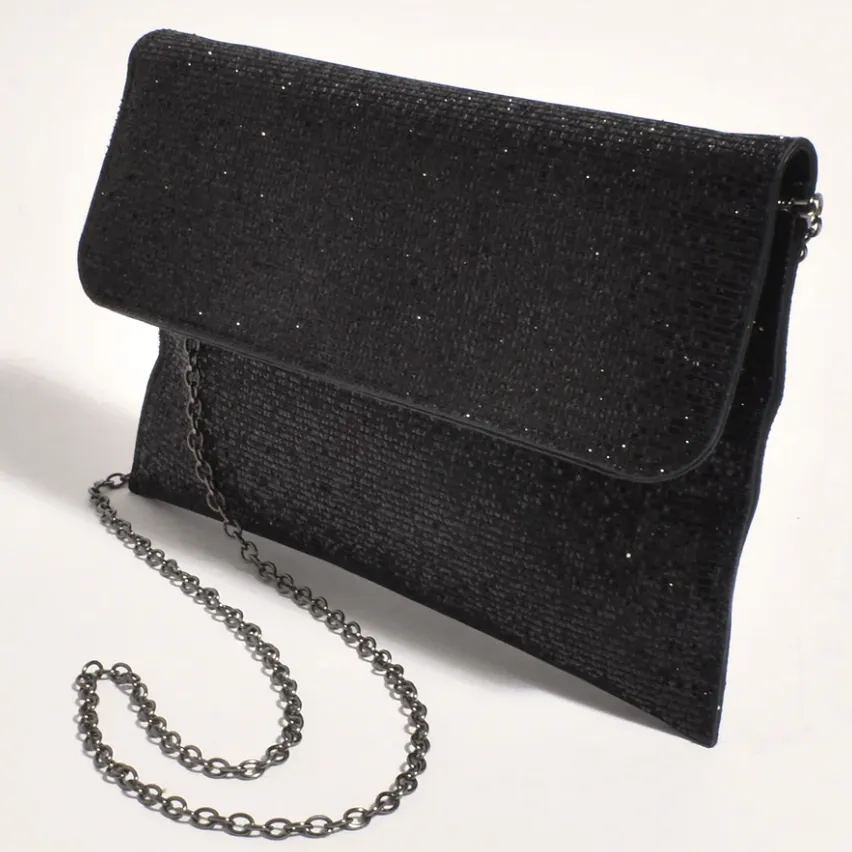 Ruby Rhinestone Fold Over Clutch - Black - AD11
