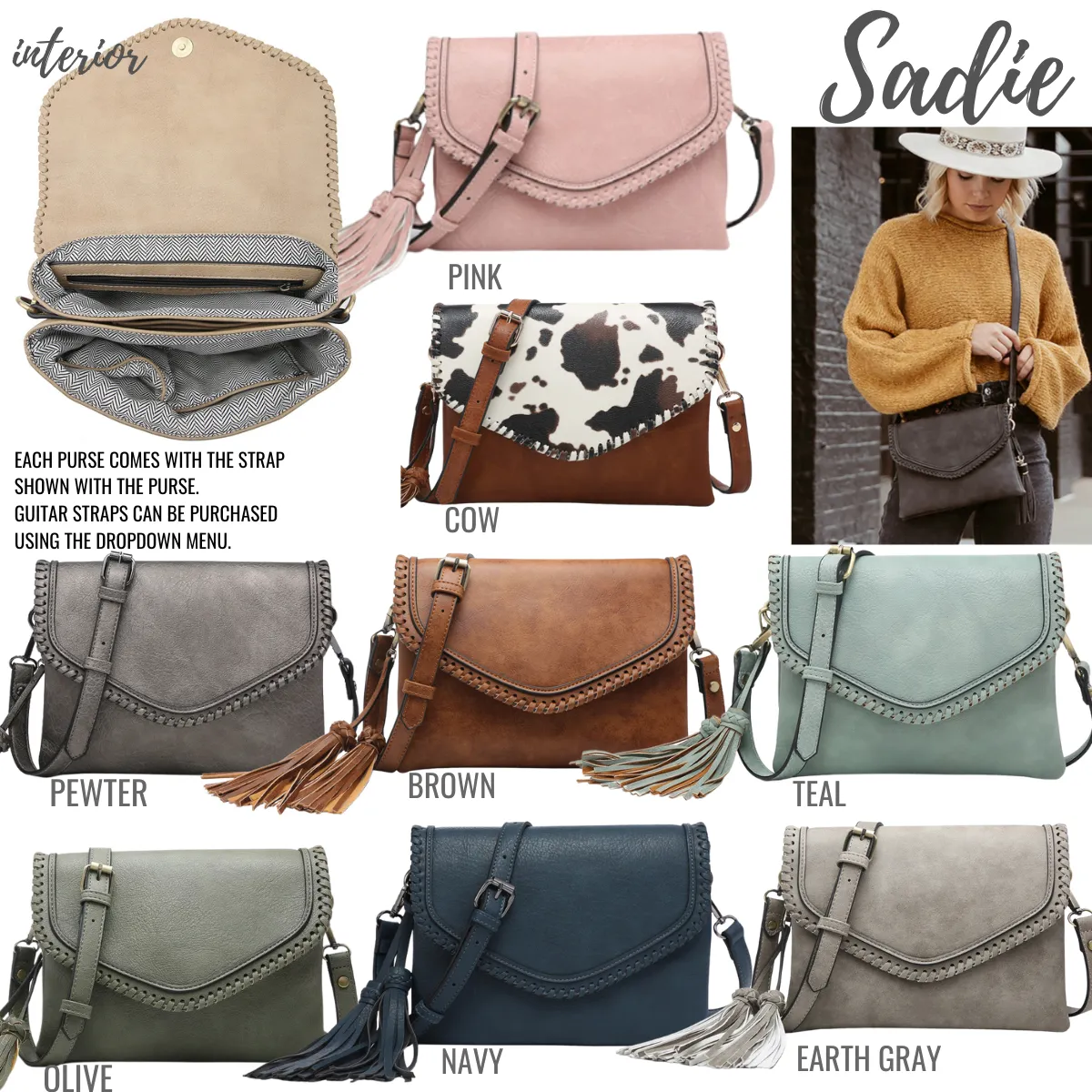Sadie Crossbody Purse - Monogrammed Cross Body with Tassel - Guitar Strap Add On