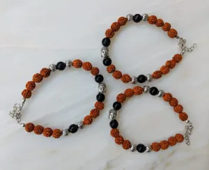 (Set of 3) Rudraksha Designer Bracelets Silver Black Bead Buddha Charm Link Chain
