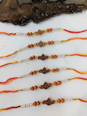 (Set of 6) Ganesh Ji Rakhi Designer Golden Beads White Pearl Multicolor Thread Rakhi For Men