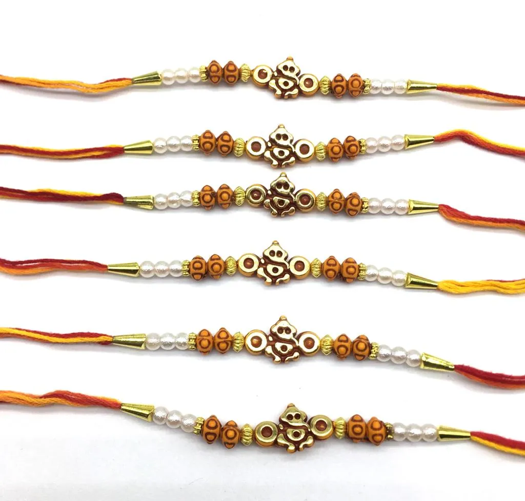 (Set of 6) Ganesh Ji Rakhi Designer Golden Beads White Pearl Multicolor Thread Rakhi For Men
