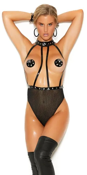 Sexy Dare Studded Faux Latex and Fishnet Halterneck Teddy