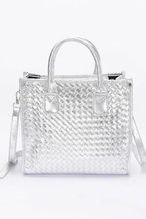 Silver Metallic Braided Tote Bag