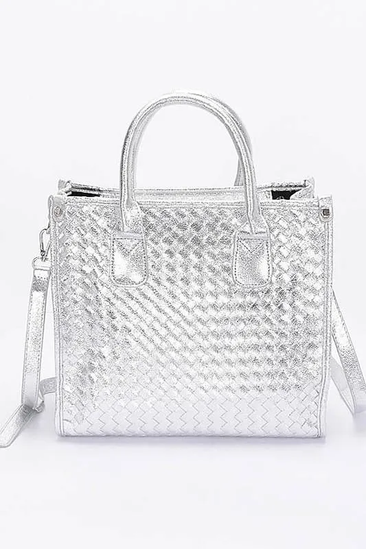 Silver Metallic Braided Tote Bag