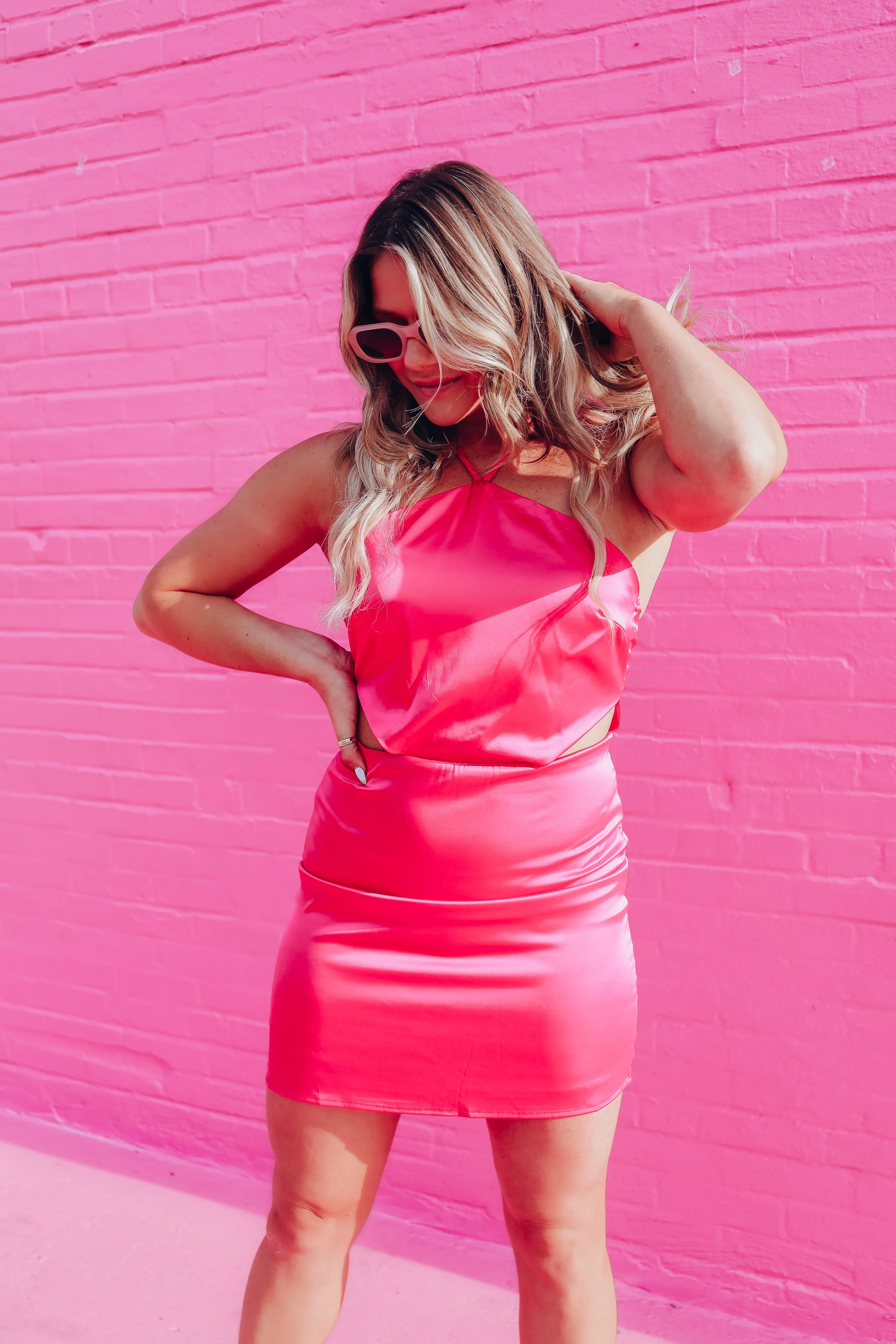 Simply Irresistible Satin Halter Dress - Hot Pink