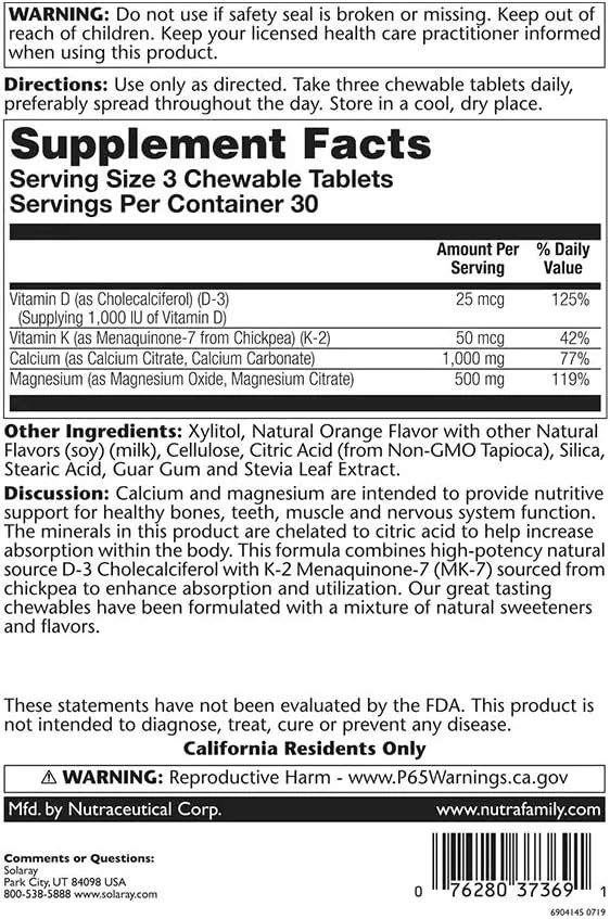 Solaray Cal-Mag Citrate Plus D-3 & K-2 Orange Chewables | 90 Count