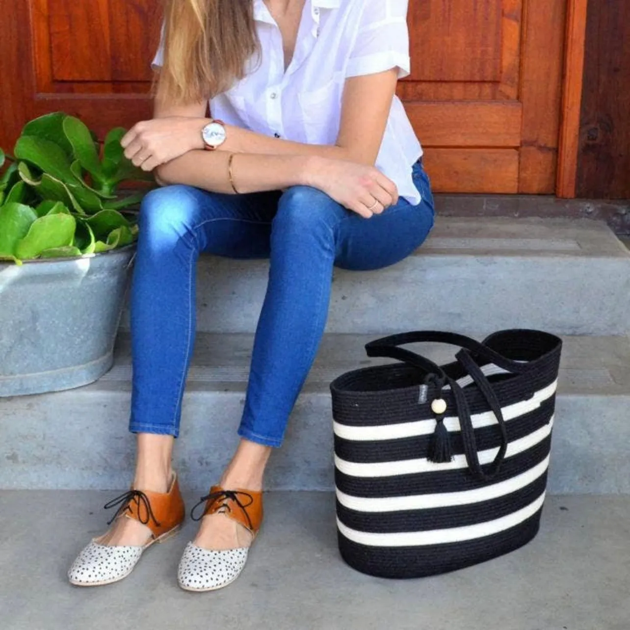 Sophia Tote Black & Ivory Stripe