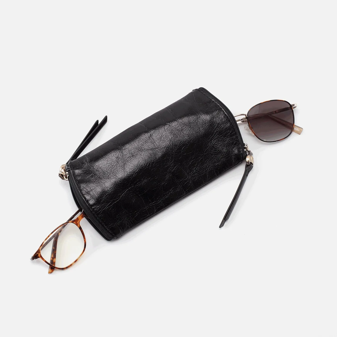 Spark Double Eyeglass Case In Polished Leather - Black