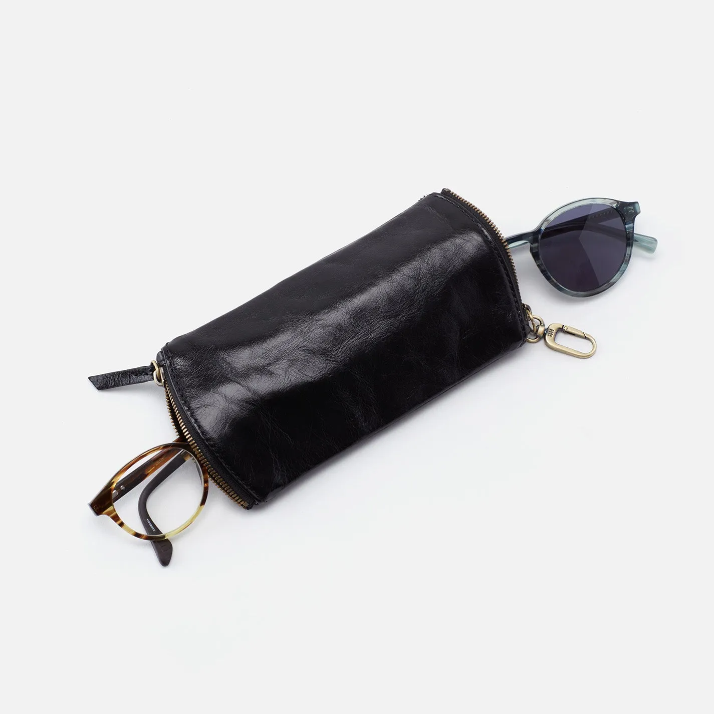 Spark Double Eyeglass Case In Polished Leather - Black