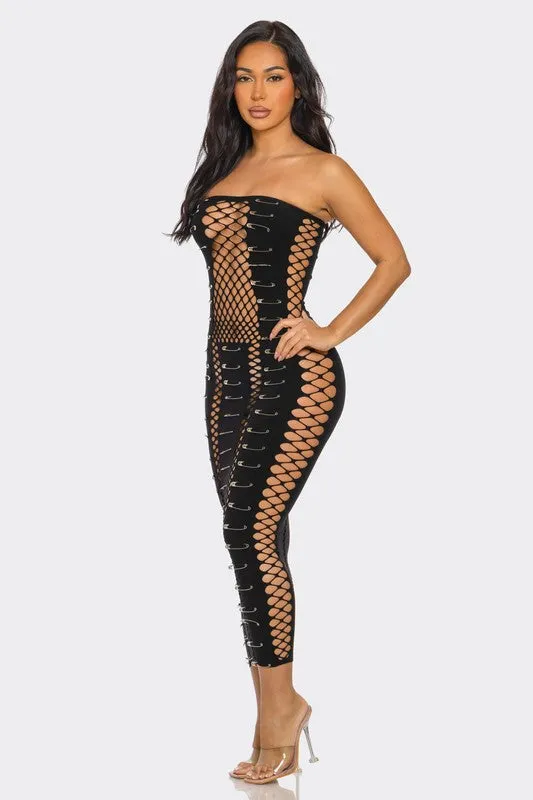Strapless Midi Dress with Pin Detail