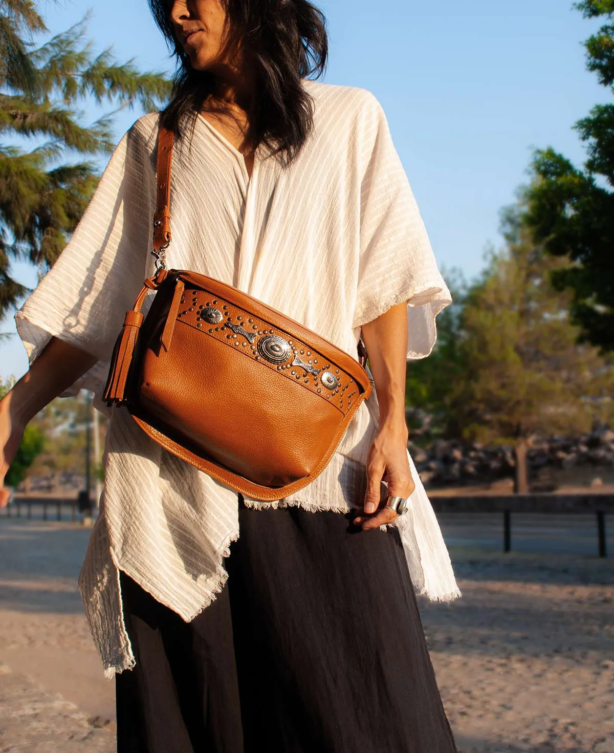 Studded Tan Leather Large Crossbody Bag with Metallic Rivets - The CHER  Sling Bag