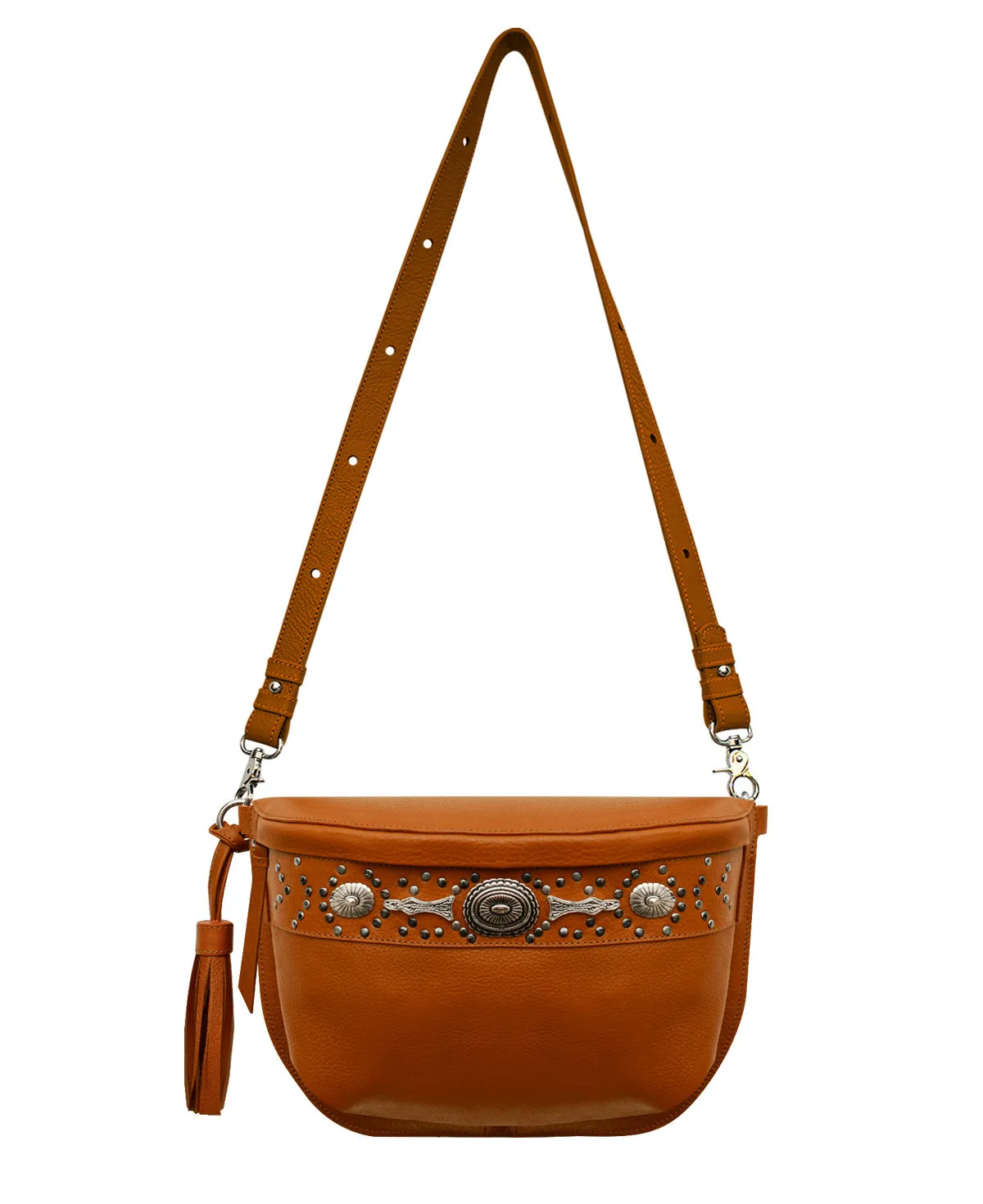 Studded Tan Leather Large Crossbody Bag with Metallic Rivets - The CHER  Sling Bag