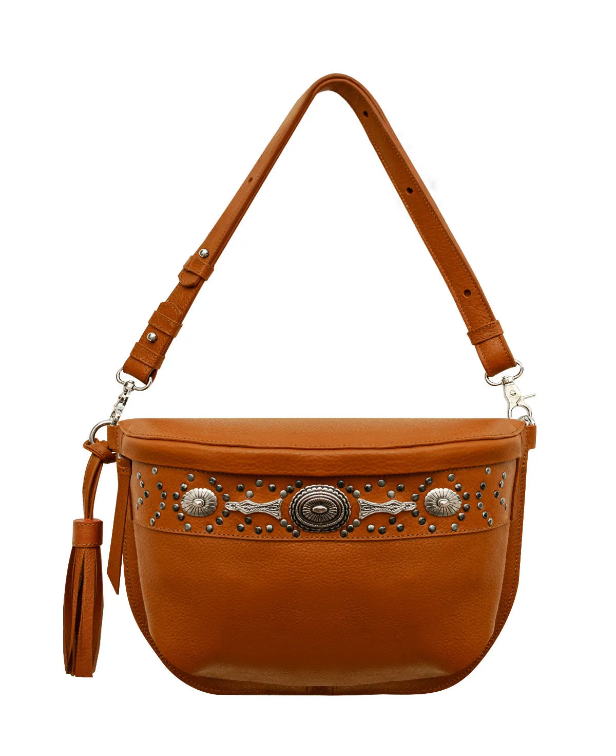 Studded Tan Leather Large Crossbody Bag with Metallic Rivets - The CHER  Sling Bag