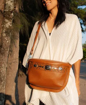 Studded Tan Leather Large Crossbody Bag with Metallic Rivets - The CHER  Sling Bag