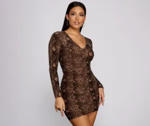 Sultry Ruched Snake Charming Print Mini Dress