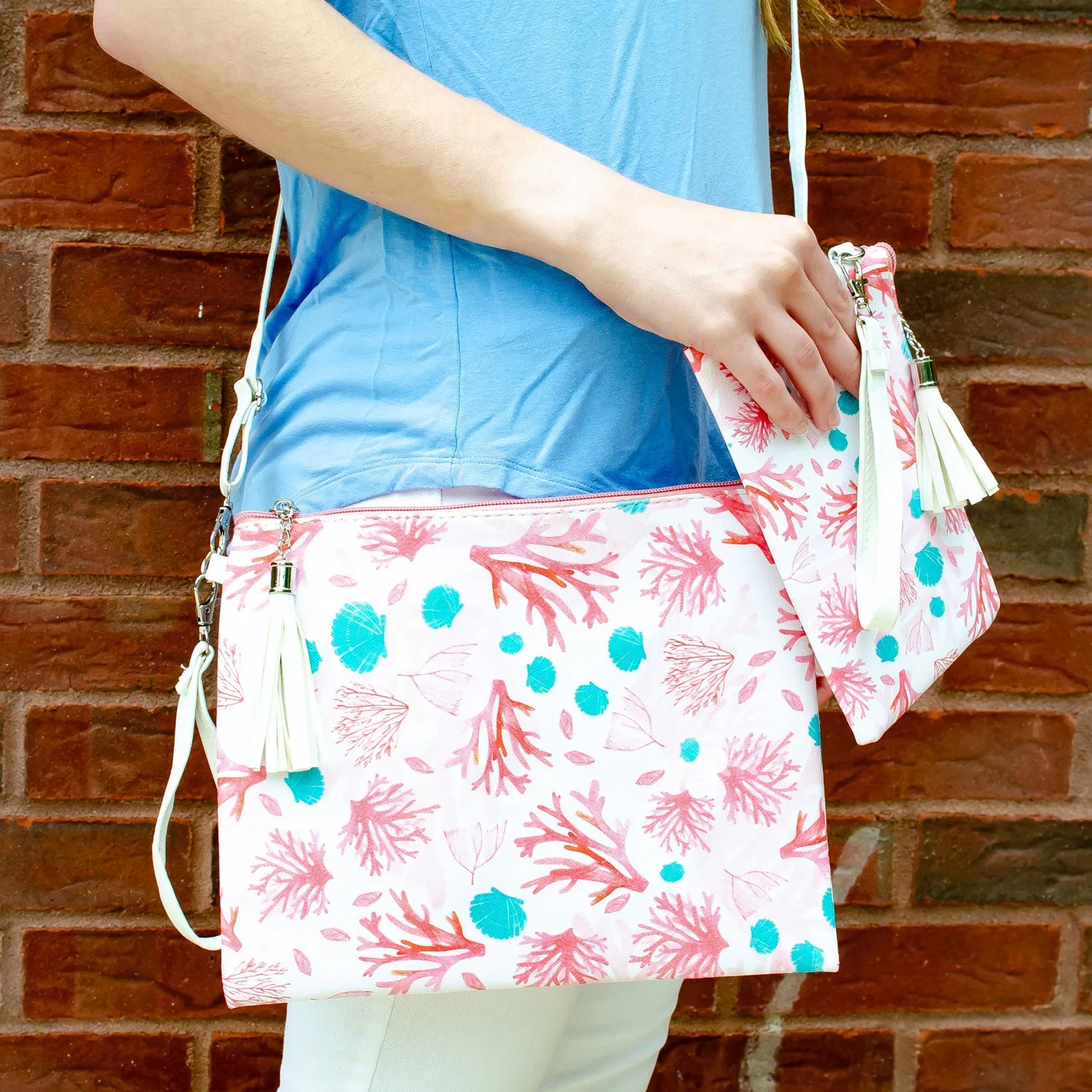 Summer Coral Crossbody Purse and Wristlet Pouch Set - 2 Colors