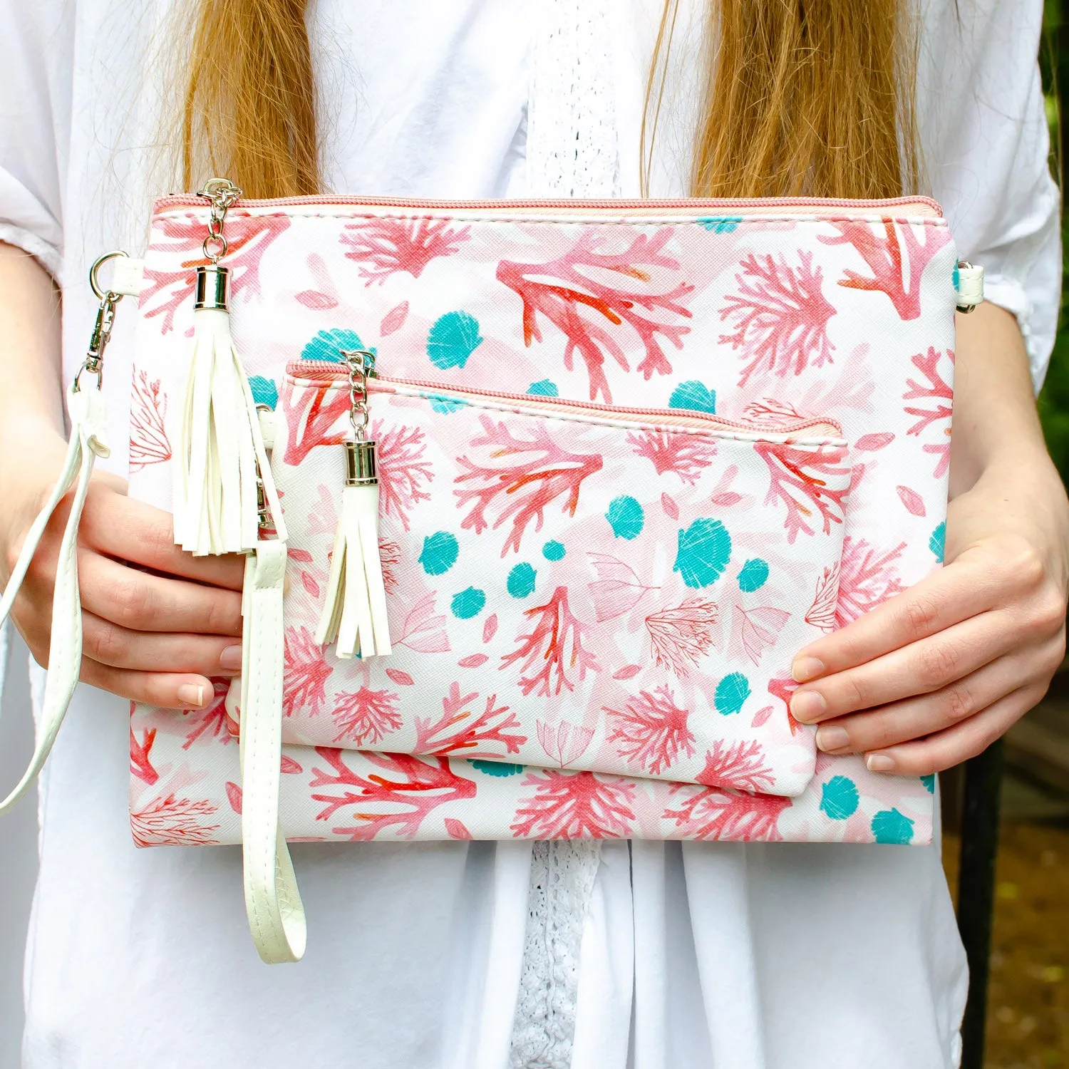 Summer Coral Crossbody Purse and Wristlet Pouch Set - 2 Colors