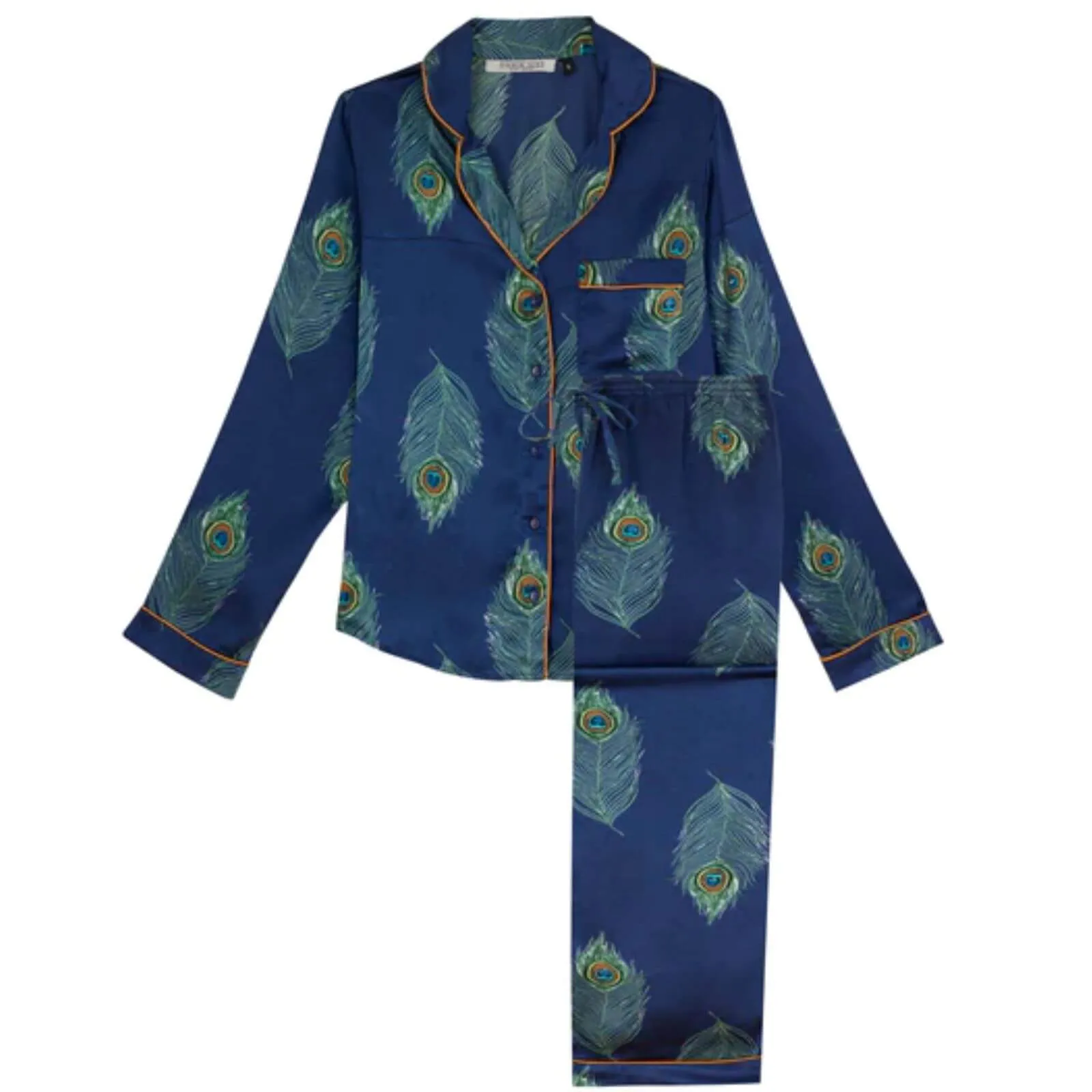 Their Nibs Satin Traditional Pyjamas - Navy Peacock Feather