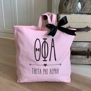Theta Phi Alpha Pink Canvas Tote Bag with Black Bow