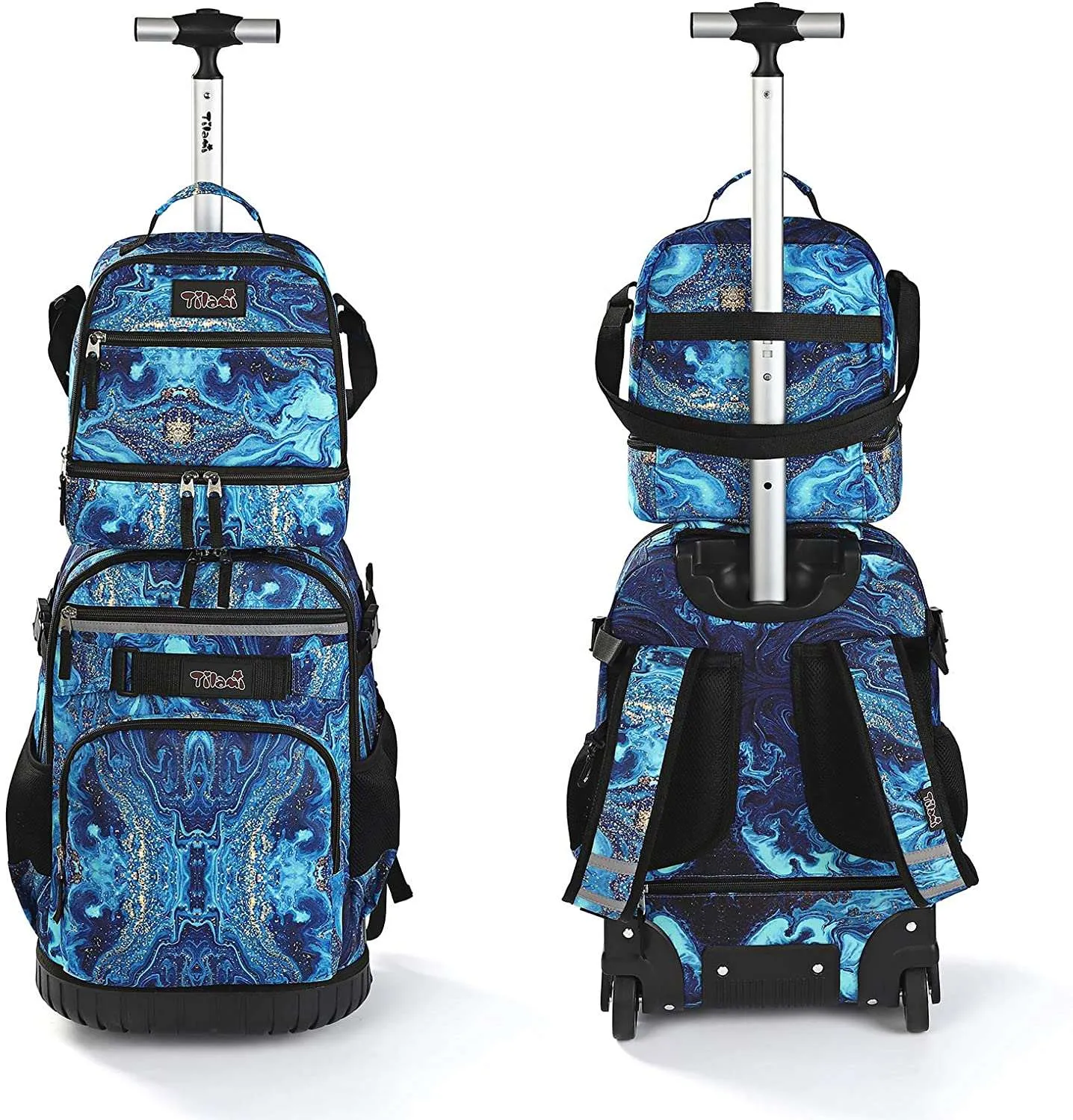 Tilami Blue Wave Rolling Backpack 19 inch with Lunch Bag Wheeled Laptop Backpack