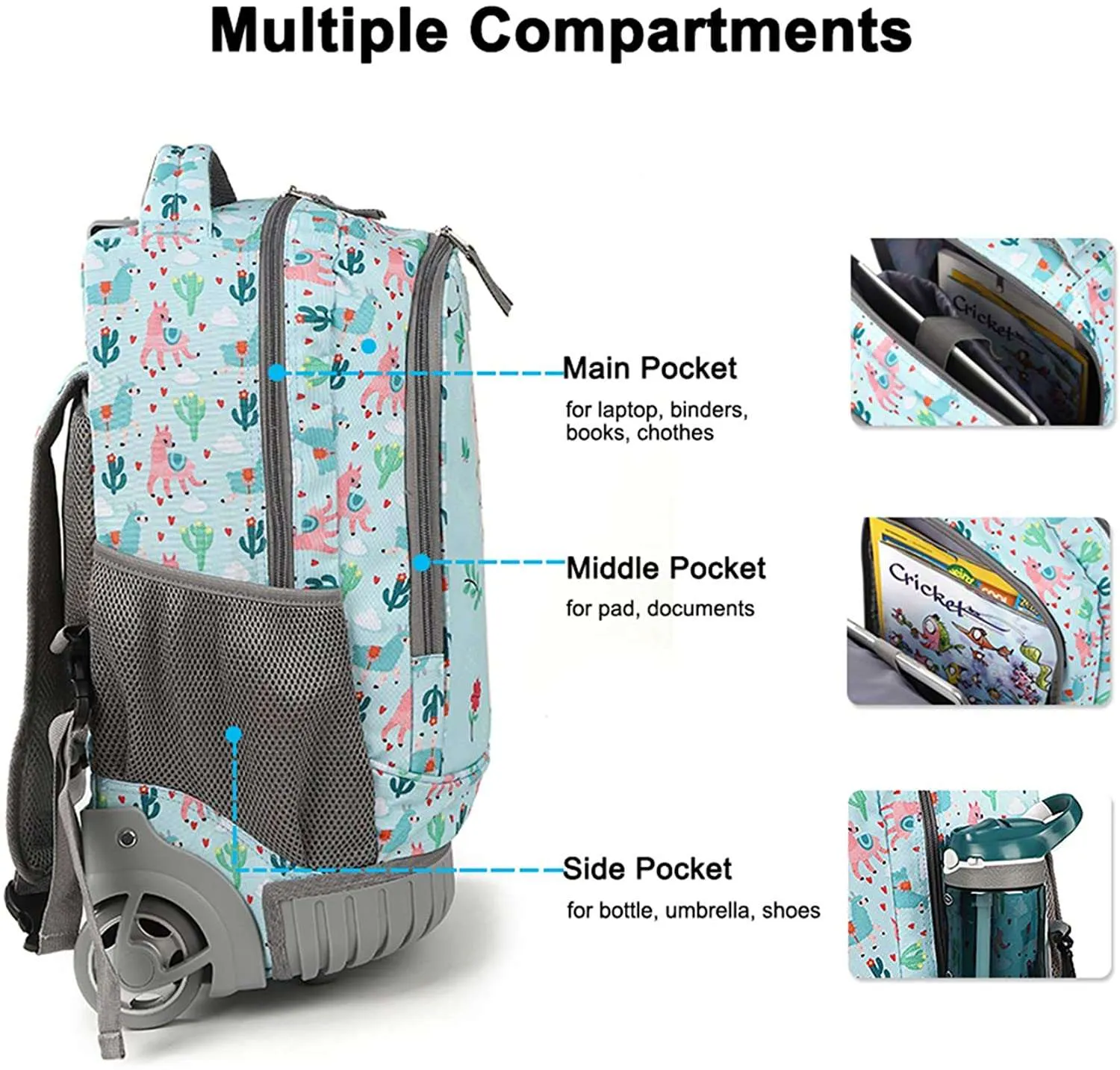 Tilami Green Alpaca Rolling Backpack 19 inch with Lunch Bag Wheeled Laptop Backpack