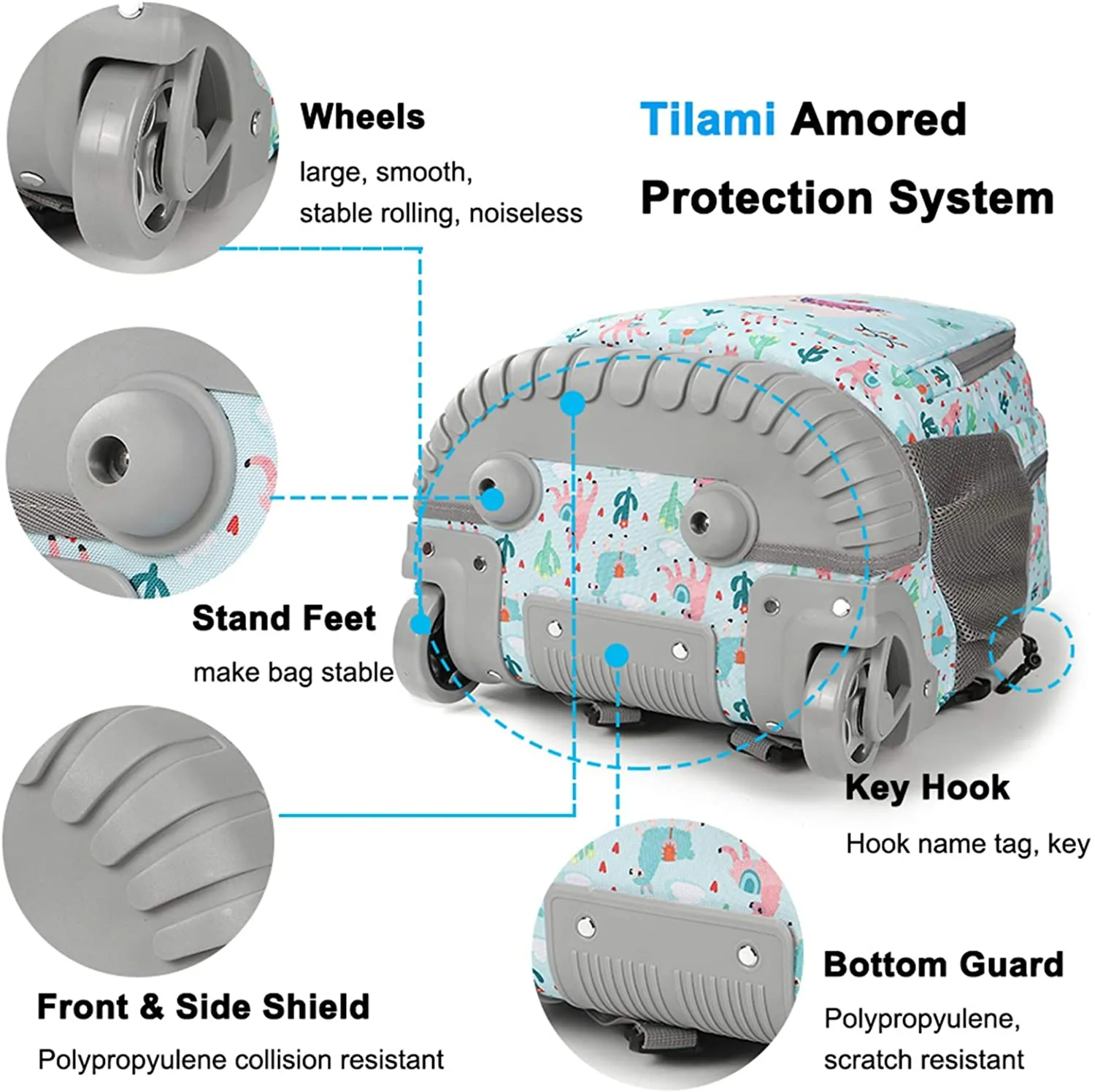 Tilami Green Alpaca Rolling Backpack 19 inch with Lunch Bag Wheeled Laptop Backpack