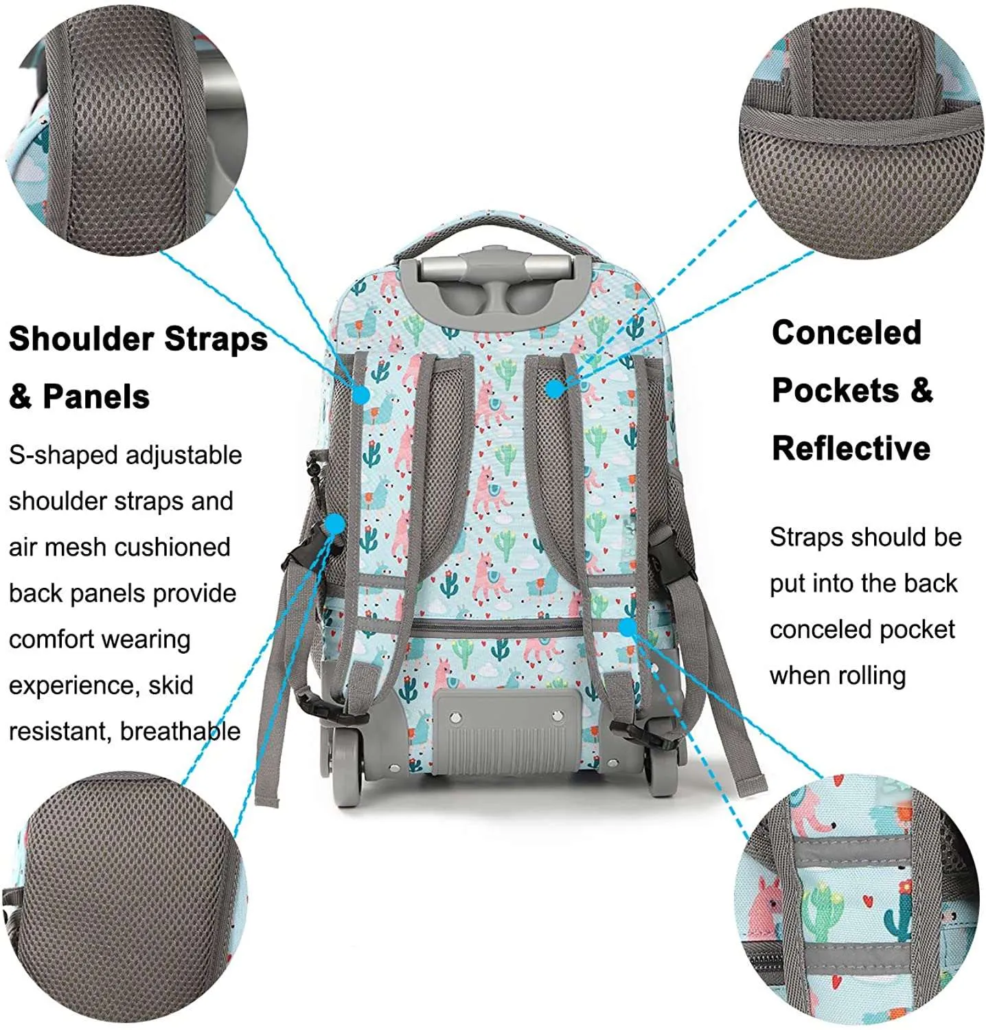 Tilami Green Alpaca Rolling Backpack 19 inch with Lunch Bag Wheeled Laptop Backpack