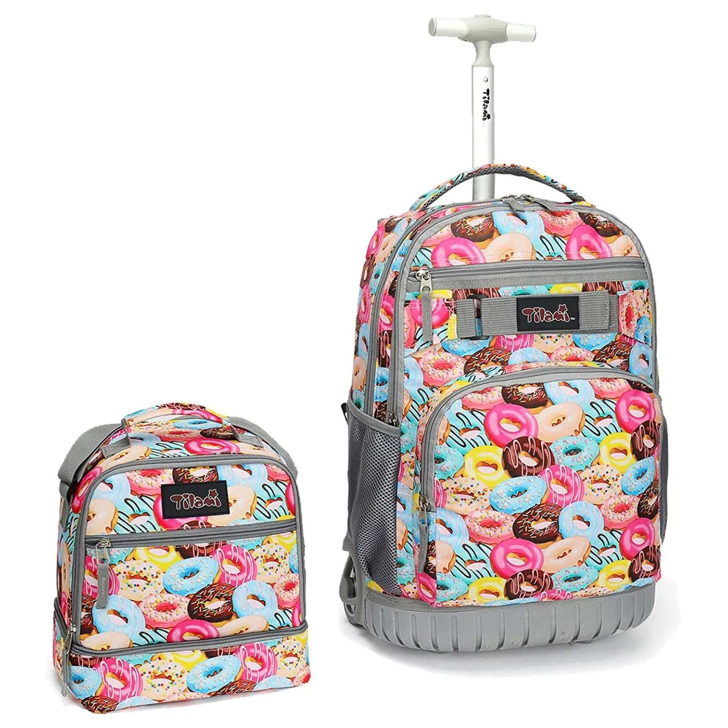 Tilami Pink Sweet Doughnut 19 inch Kids Rolling Backpack with Lunch Bag