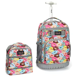 Tilami Pink Sweet Doughnut 19 inch Kids Rolling Backpack with Lunch Bag