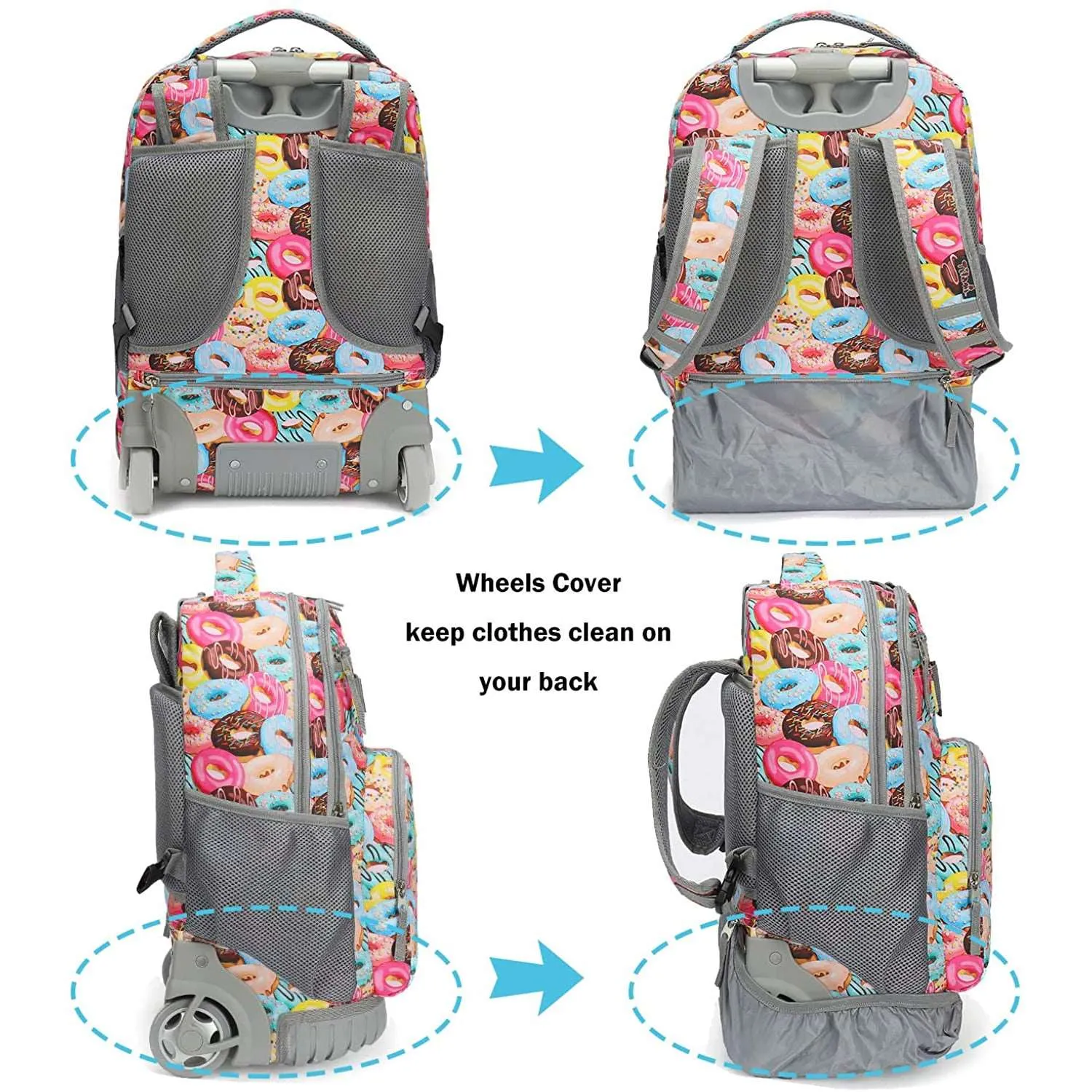 Tilami Pink Sweet Doughnut 19 inch Kids Rolling Backpack with Lunch Bag