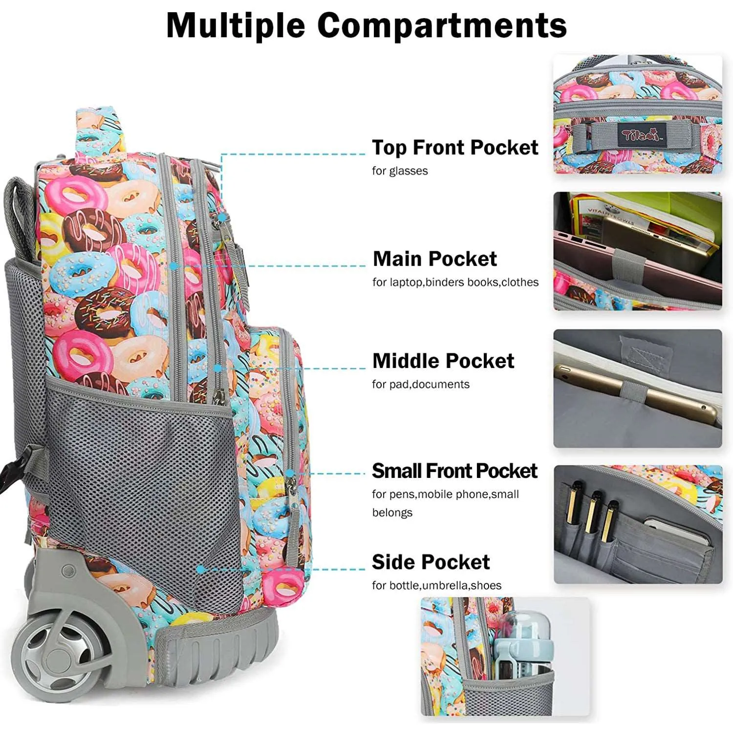 Tilami Pink Sweet Doughnut 19 inch Kids Rolling Backpack with Lunch Bag