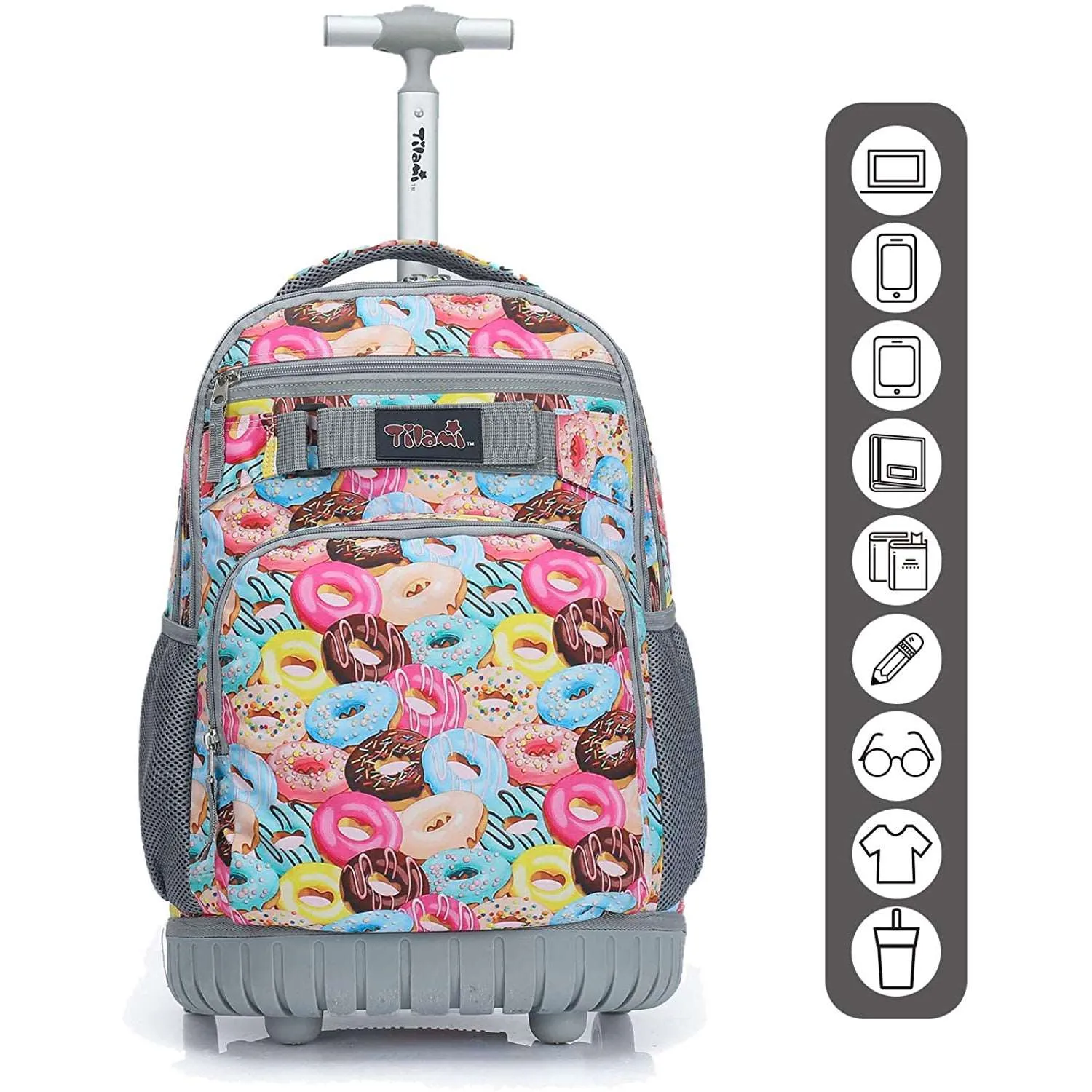 Tilami Pink Sweet Doughnut 19 inch Kids Rolling Backpack with Lunch Bag