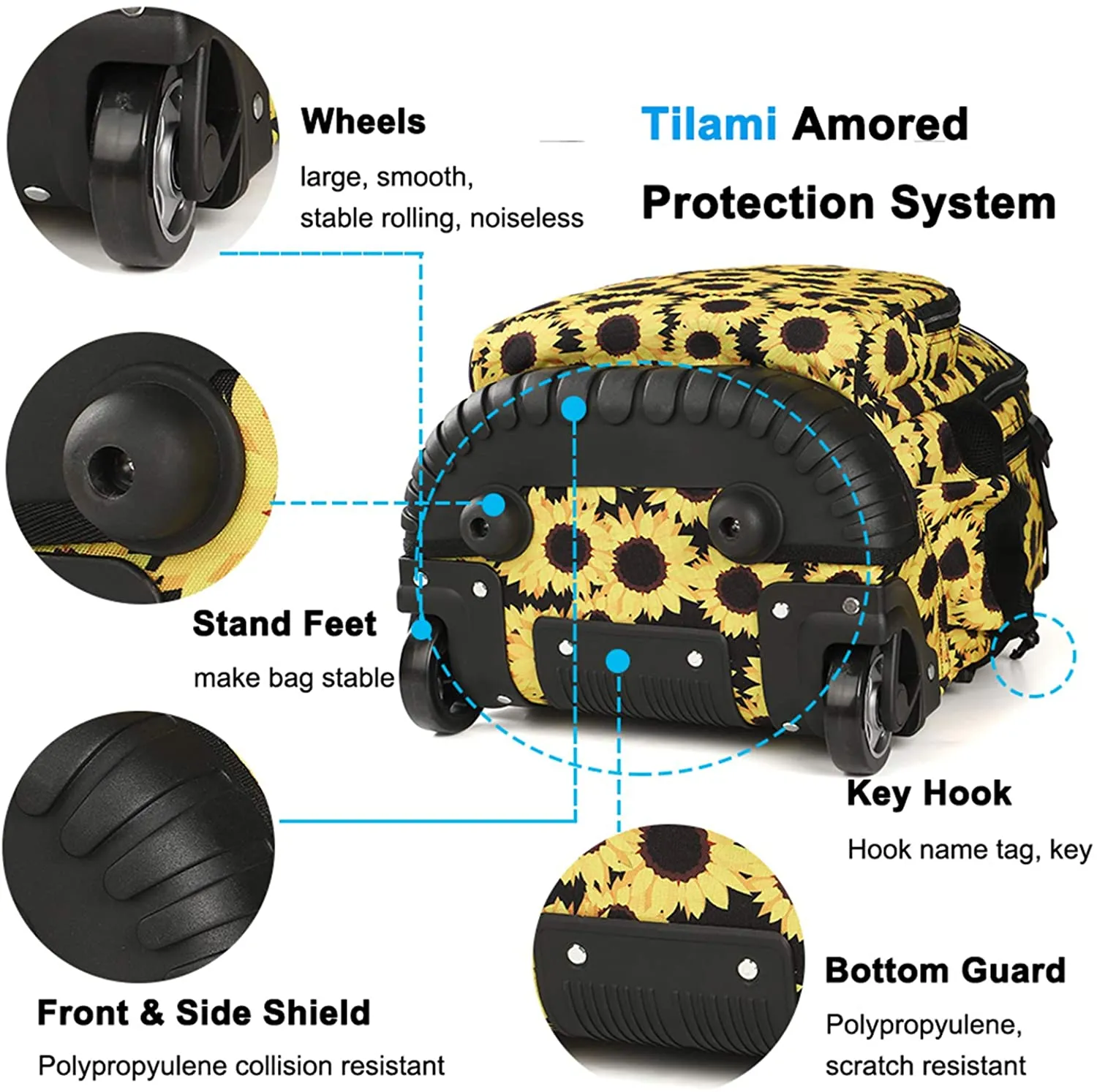 Tilami Yellow Sunflower 18 inch Rolling Backpack