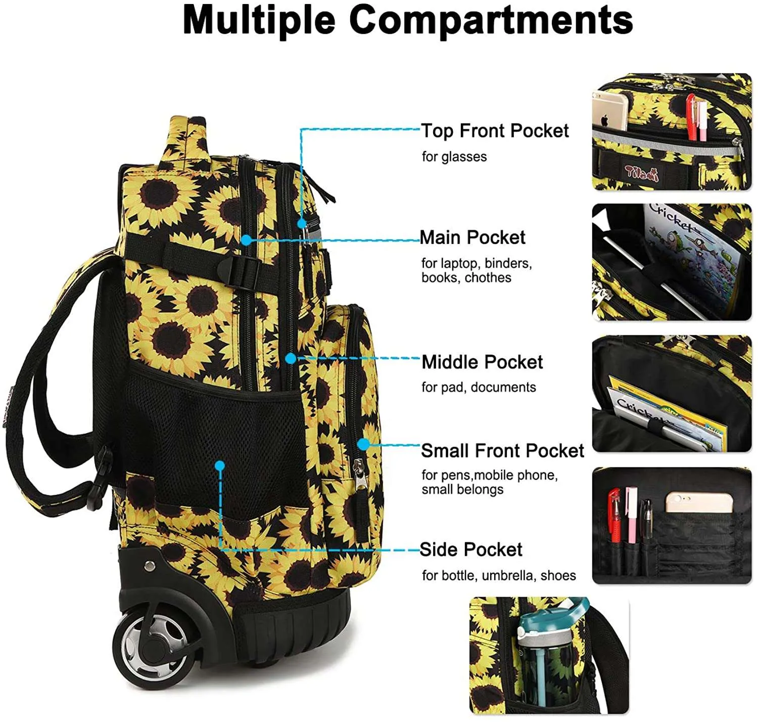 Tilami Yellow Sunflower 18 inch Rolling Backpack