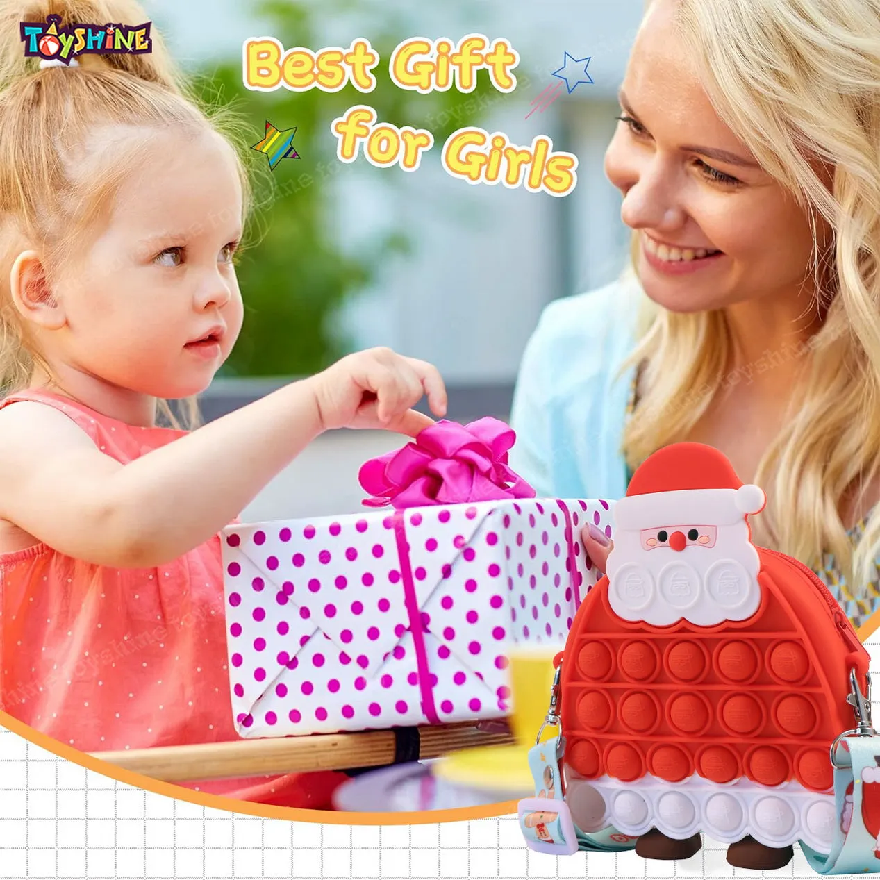 Toyshine Santa Pop Fidget Toys It Crossbody Purse Bags for Kids Girls Silicone Stress Release Toy
