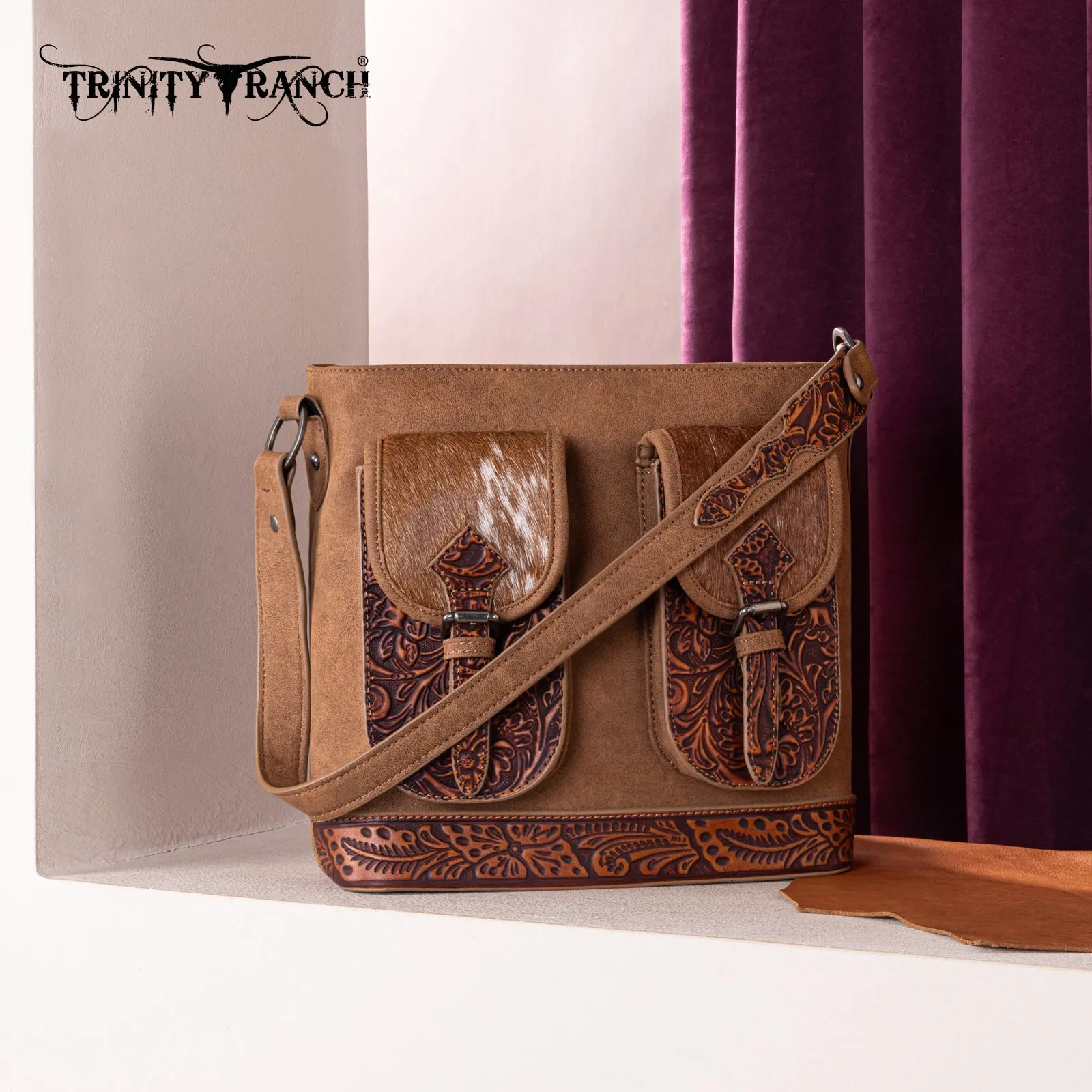 TR185G-918  Trinity Ranch Genuine Hair-On Cowhide Tooled Concealed Carry Hobo Bag- Brown