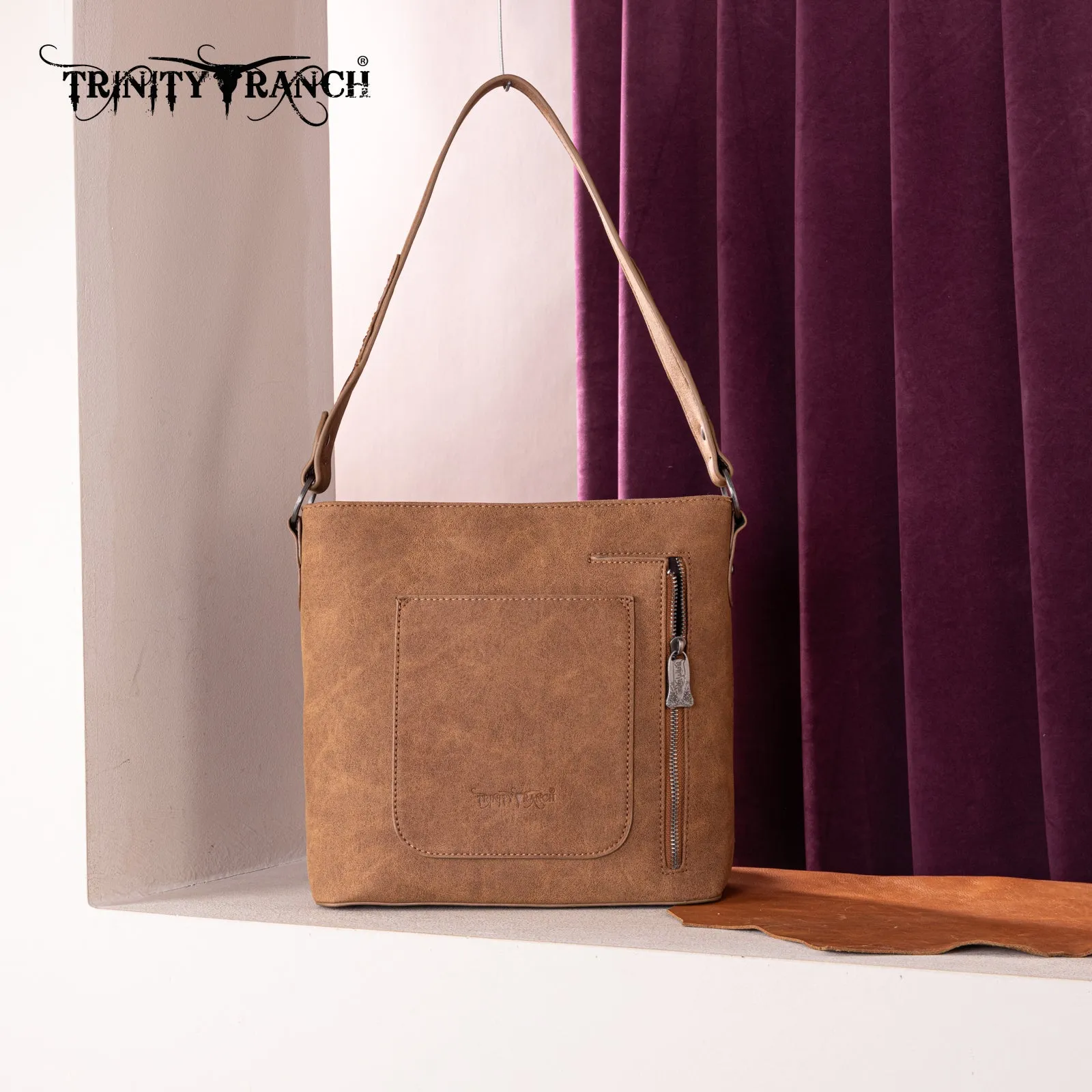 TR185G-918  Trinity Ranch Genuine Hair-On Cowhide Tooled Concealed Carry Hobo Bag- Brown