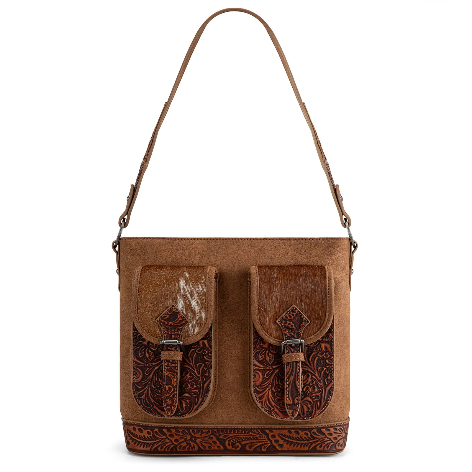 TR185G-918  Trinity Ranch Genuine Hair-On Cowhide Tooled Concealed Carry Hobo Bag- Brown