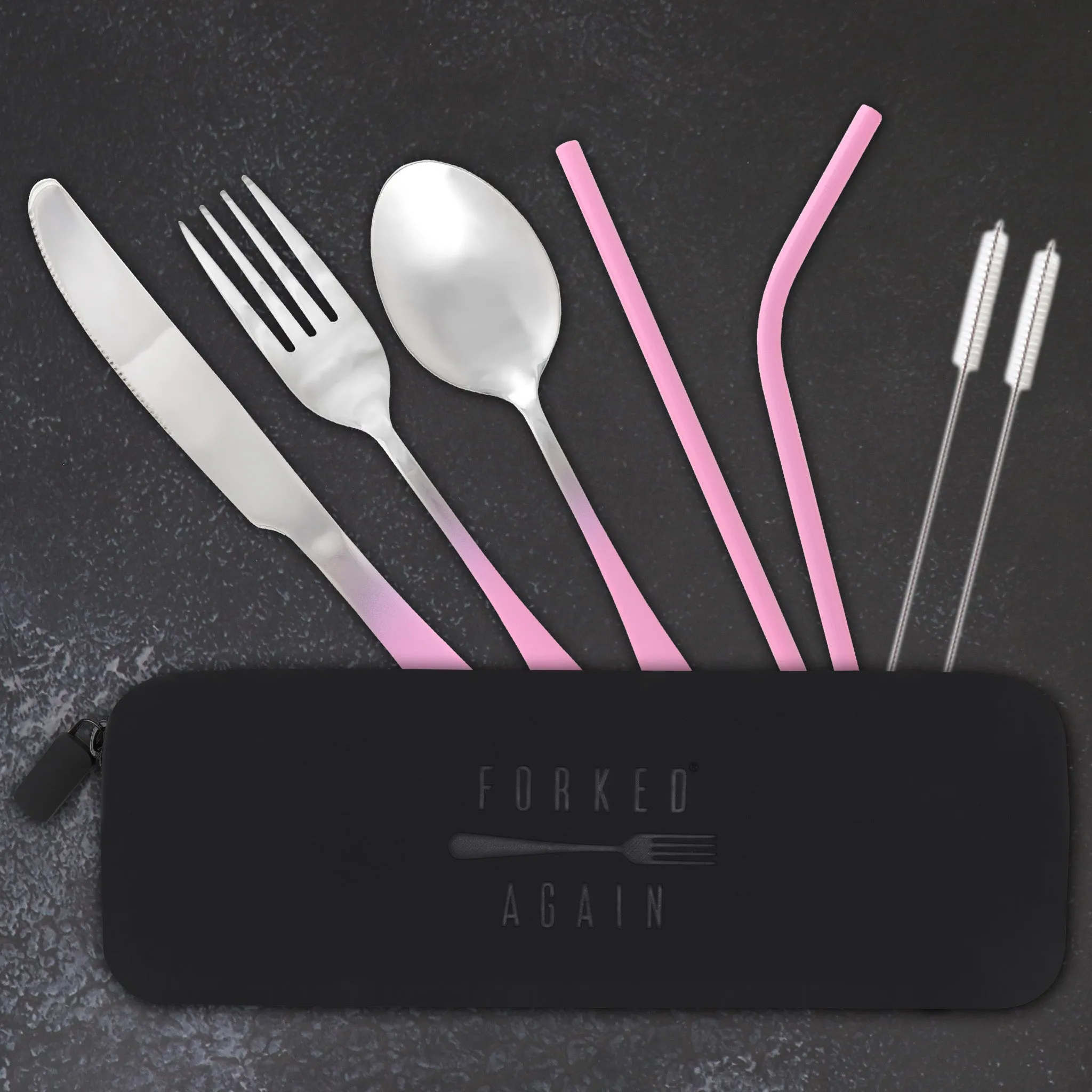 Traditional Silicone Pouch Travel Cutlery Set (Pink Ombré)