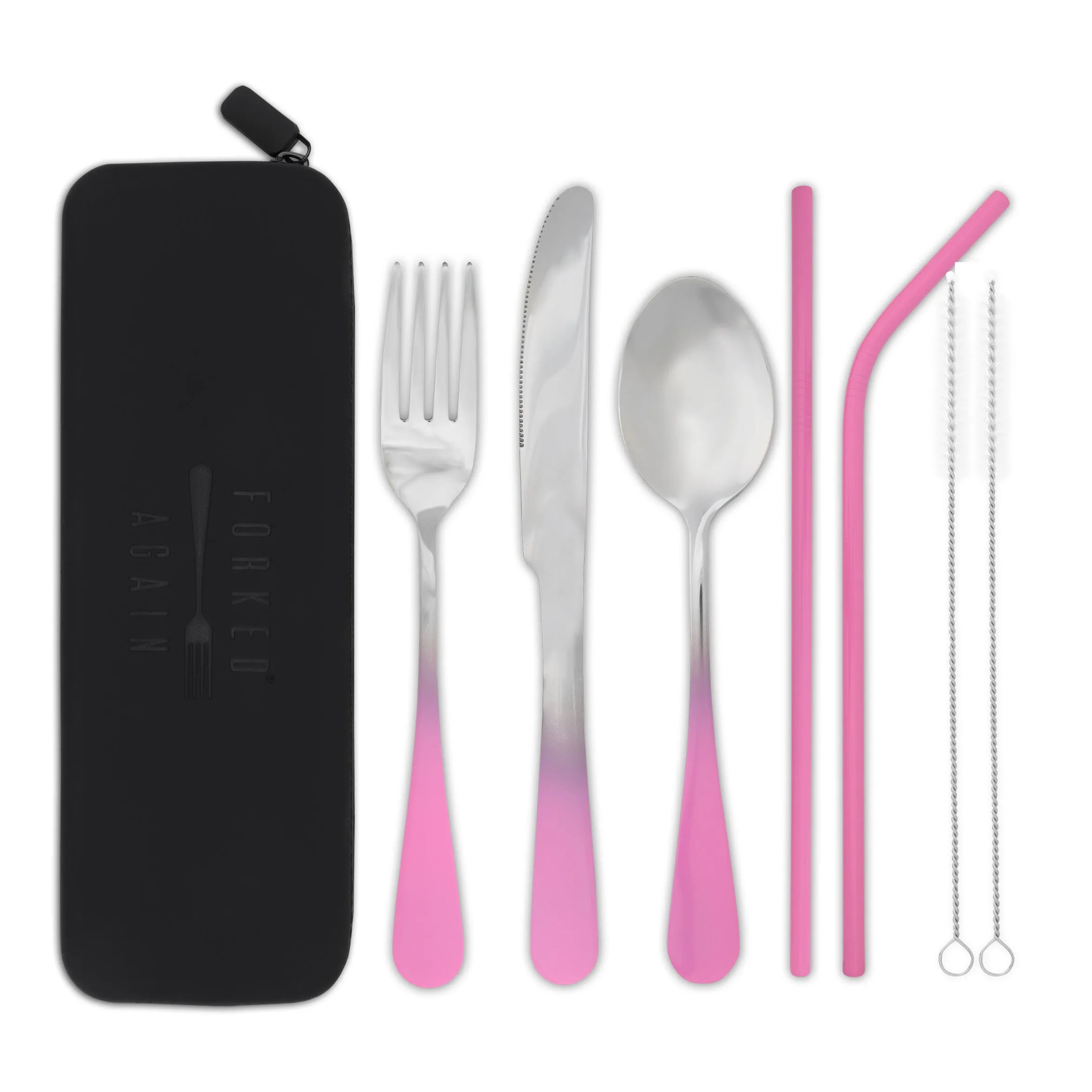 Traditional Silicone Pouch Travel Cutlery Set (Pink Ombré)