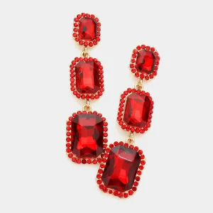 Triple Emerald Cut Red Stone Link Pageant Earrings  | Prom Earrings | 572923