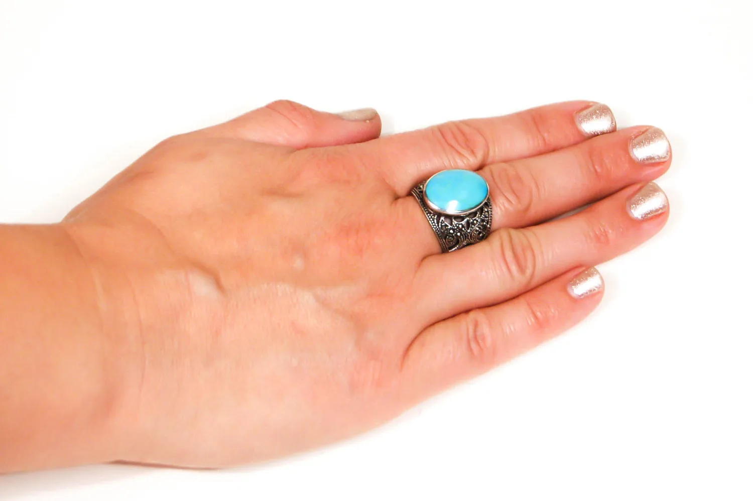 Turquoise and Marcasite Statement Ring, Sterling Silver, Filigree Brand, Designer Jewelry, Size 8
